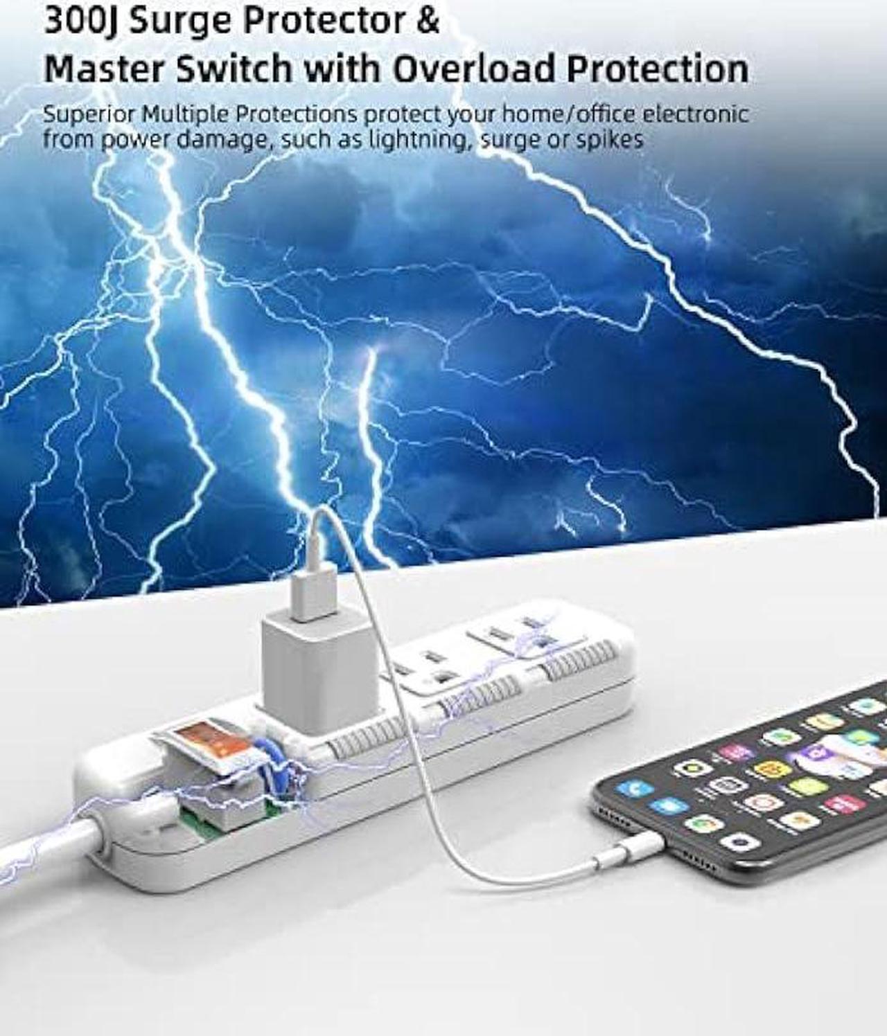 Alt view image 4 of 6 - 3 Outlets Power Strip Surge Protector Flat Plug, Extension Cord 10 ft 3 Prong, 300J, 10A/1250W, Overload Protection Switch, Plug Strip for Home Office, Child Safety Slide Outlet Covers, SGS Approved