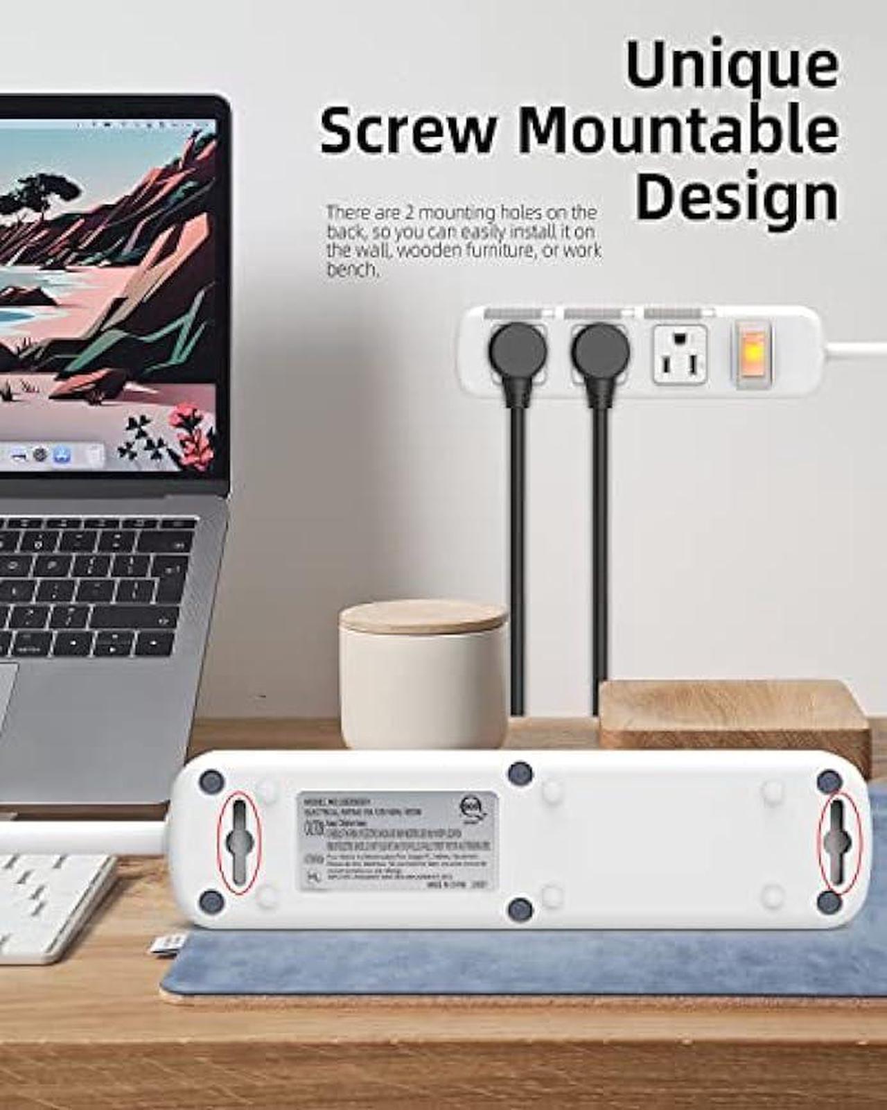 Alt view image 6 of 6 - 3 Outlets Power Strip Surge Protector Flat Plug, Extension Cord 10 ft 3 Prong, 300J, 10A/1250W, Overload Protection Switch, Plug Strip for Home Office, Child Safety Slide Outlet Covers, SGS Approved