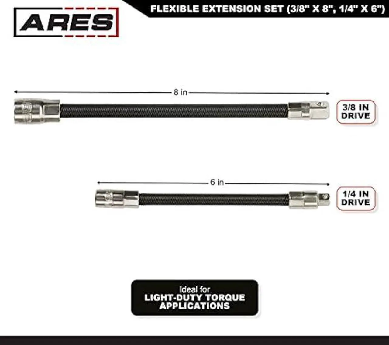 Alt view image 2 of 7 - ARES 42071  2-Piece Flexible Socket Extension Set  1/4-Inch and 3/8-Inch Drive Extensions  6-Inch and 8-Inch Extensions with Flexible Shafts  Spring-Loaded Detent Balls to Prevent Slipping