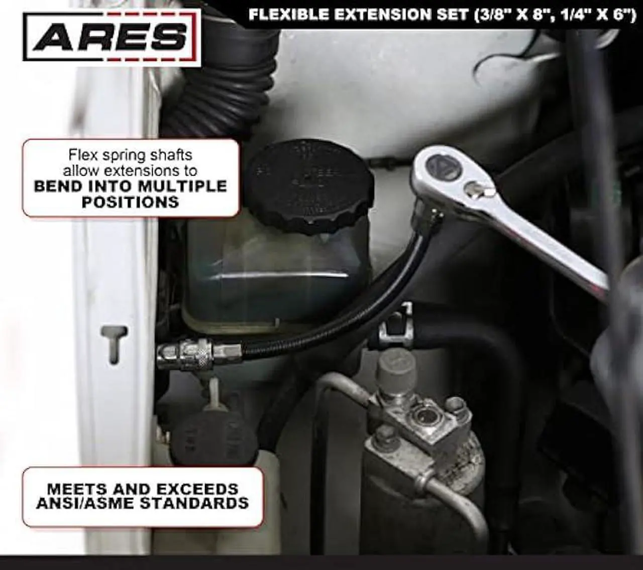 Alt view image 4 of 7 - ARES 42071  2-Piece Flexible Socket Extension Set  1/4-Inch and 3/8-Inch Drive Extensions  6-Inch and 8-Inch Extensions with Flexible Shafts  Spring-Loaded Detent Balls to Prevent Slipping
