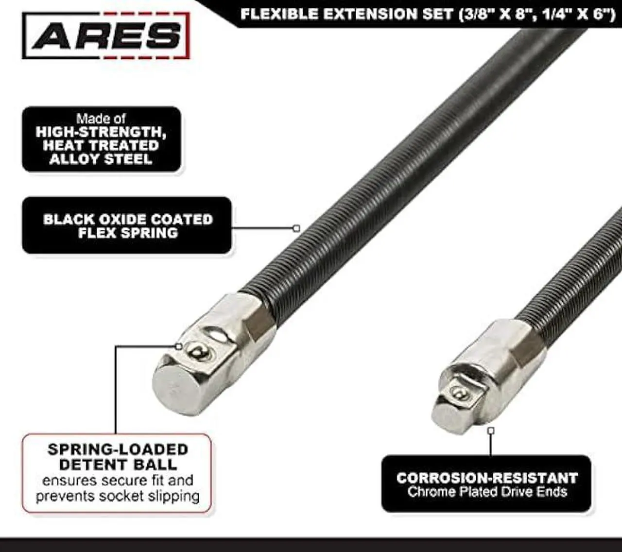 Alt view image 3 of 7 - ARES 42071  2-Piece Flexible Socket Extension Set  1/4-Inch and 3/8-Inch Drive Extensions  6-Inch and 8-Inch Extensions with Flexible Shafts  Spring-Loaded Detent Balls to Prevent Slipping