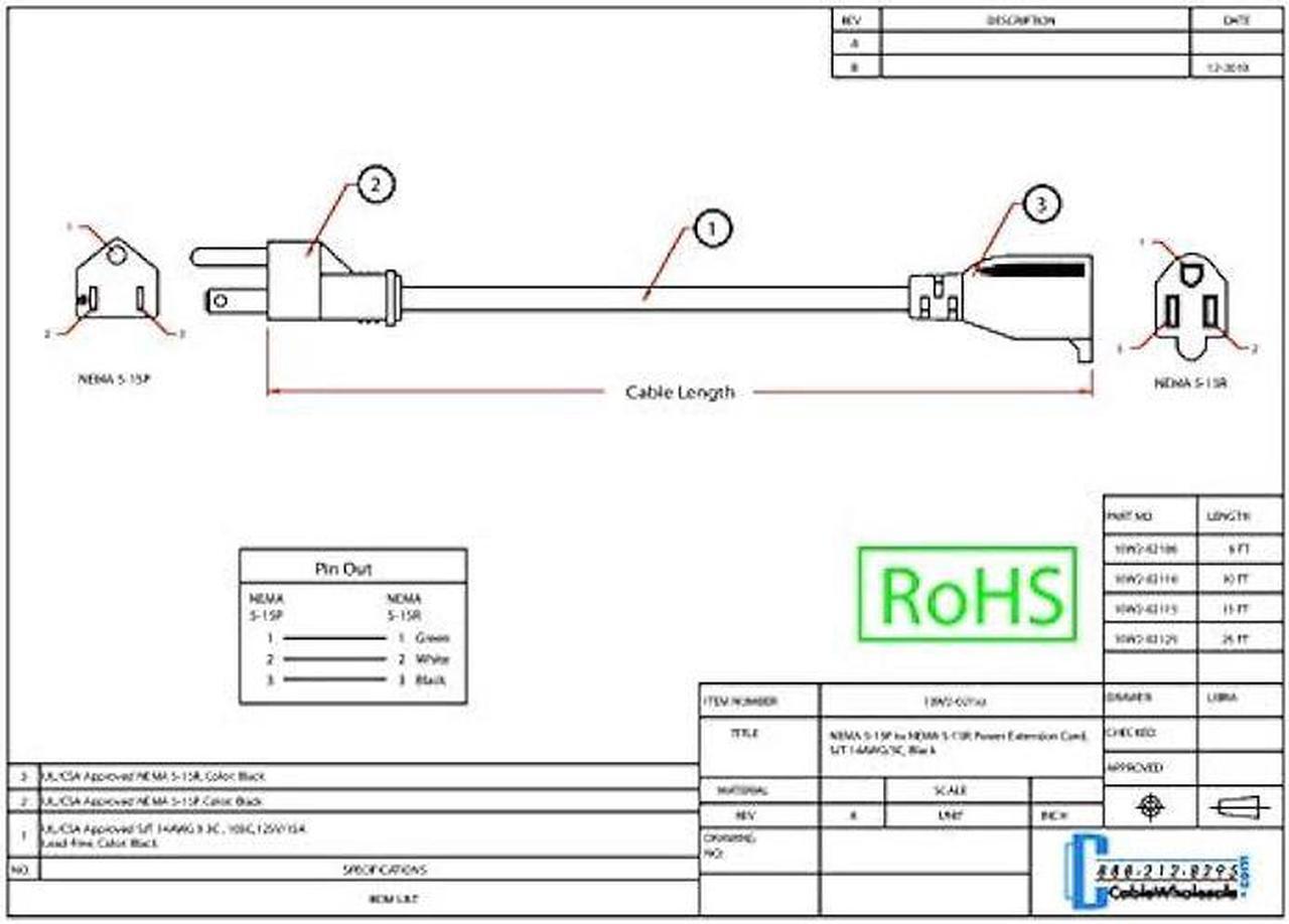 Alt view image 2 of 2 - 6 feet Power Extension Cord, Power Extension Cable, SJT, NEMA 5-15P to NEMA 5-15R, 14 AWG, 3 Conductor, 15 Amp Power Cable, CableWholesale