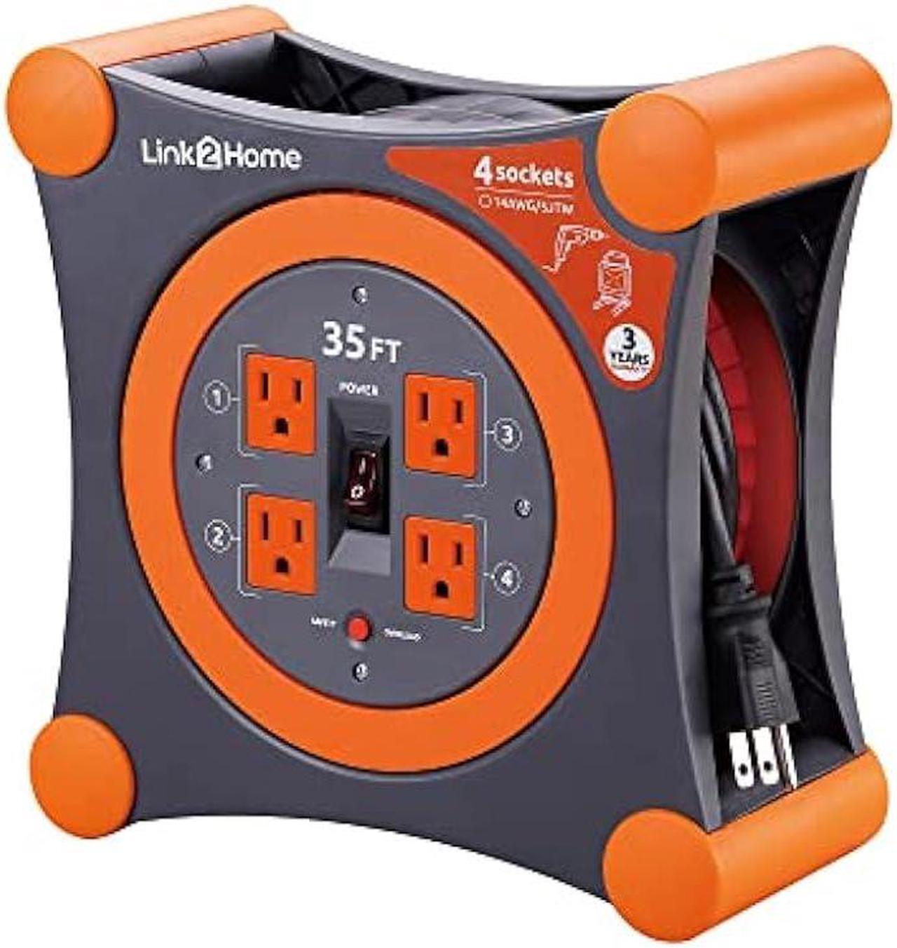 Main image of Link2Home Cord Reel 35 ft. Extension Cord 4 Power Outlets  14 AWG SJTW Cable.