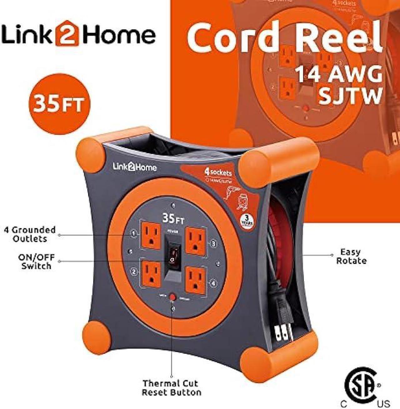 Alt view image 2 of 7 - Link2Home Cord Reel 35 ft. Extension Cord 4 Power Outlets  14 AWG SJTW Cable.