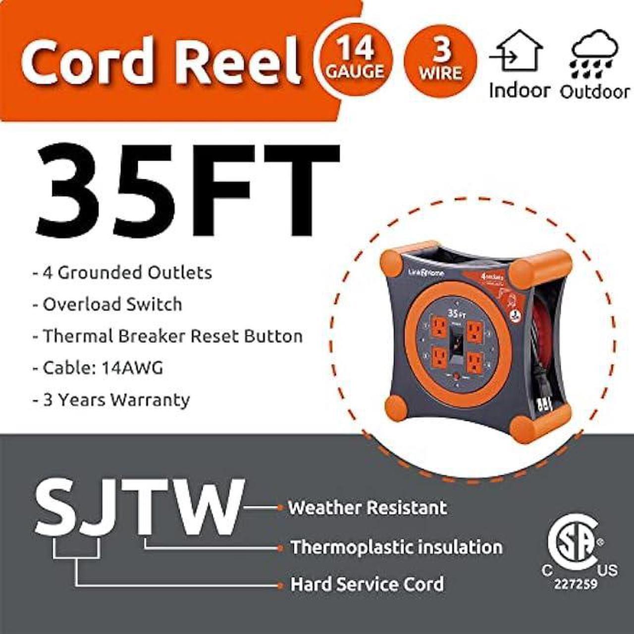 Alt view image 3 of 7 - Link2Home Cord Reel 35 ft. Extension Cord 4 Power Outlets  14 AWG SJTW Cable.