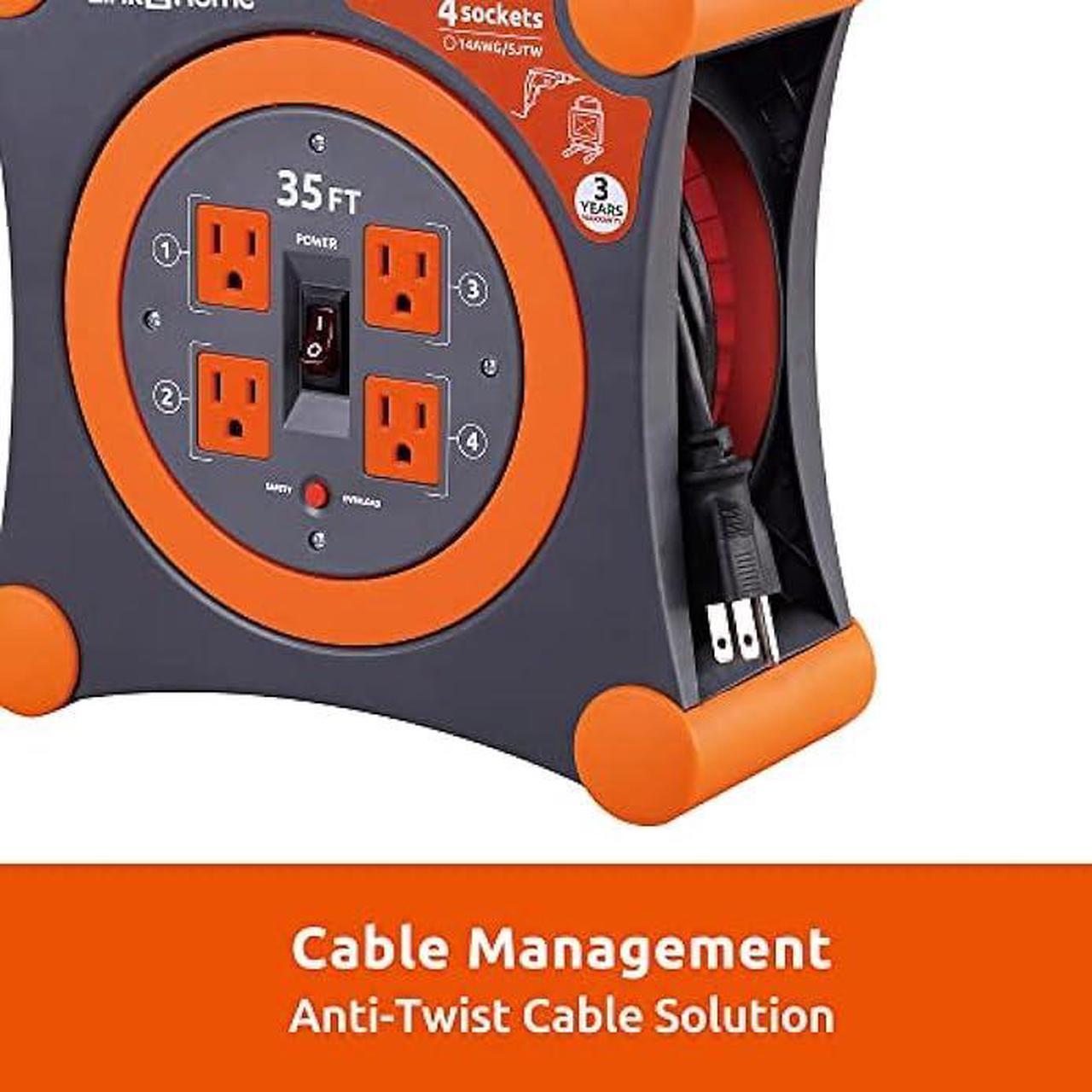 Alt view image 7 of 7 - Link2Home Cord Reel 35 ft. Extension Cord 4 Power Outlets  14 AWG SJTW Cable.
