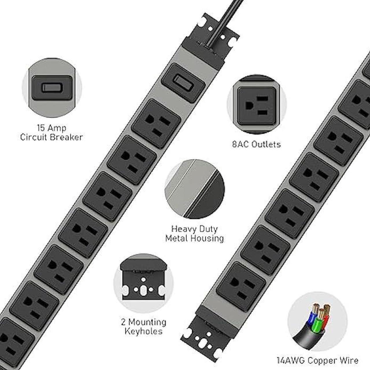 Alt view image 2 of 7 - JUNNUJ Heavy Duty Power Strip Rotating Mount, Metal 8 Outlet Mountable Surge Protector Swivel, Industrial Power Strip 15A Gaming Desk Outlets with Switch, Garage Multi Outlet Workshop, 1200J, 6FT