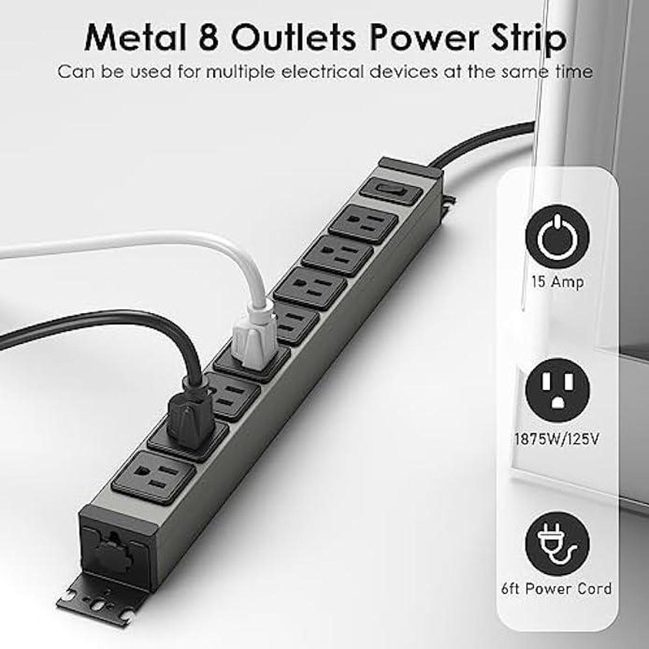 Alt view image 4 of 7 - JUNNUJ Heavy Duty Power Strip Rotating Mount, Metal 8 Outlet Mountable Surge Protector Swivel, Industrial Power Strip 15A Gaming Desk Outlets with Switch, Garage Multi Outlet Workshop, 1200J, 6FT