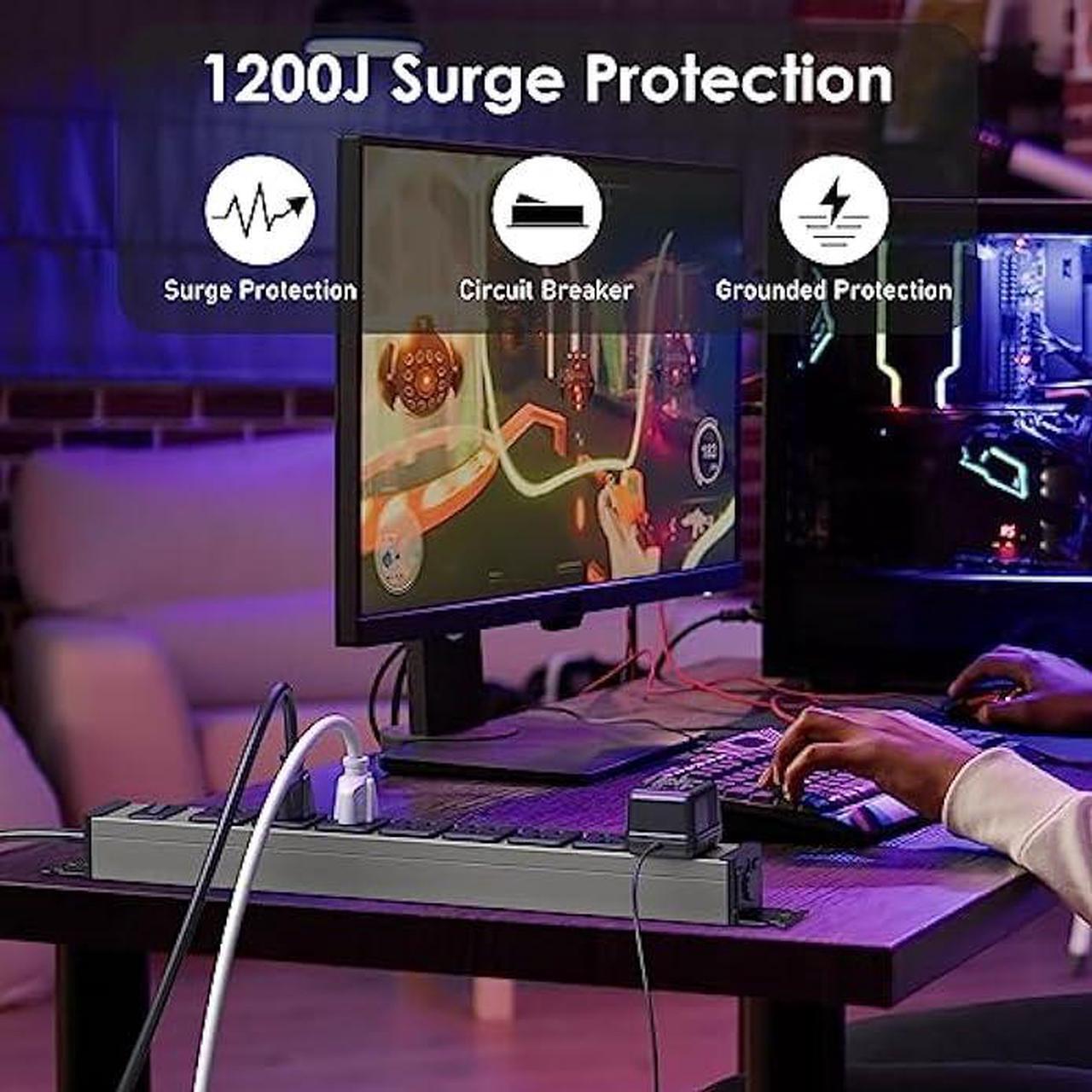 Alt view image 5 of 7 - JUNNUJ Heavy Duty Power Strip Rotating Mount, Metal 8 Outlet Mountable Surge Protector Swivel, Industrial Power Strip 15A Gaming Desk Outlets with Switch, Garage Multi Outlet Workshop, 1200J, 6FT