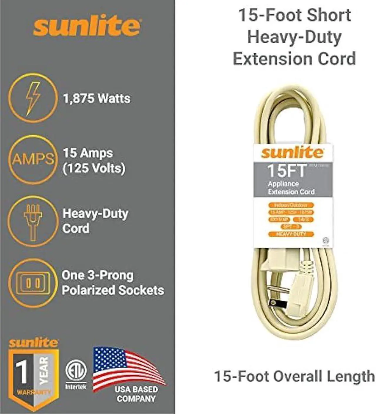Alt view image 2 of 7 - Sunlite 04165-SU EX15/AP Heavy Duty 15-Foot Appliance Extension Cord, Three Prong, 14/3 Gauge, 15 Amp, Beige