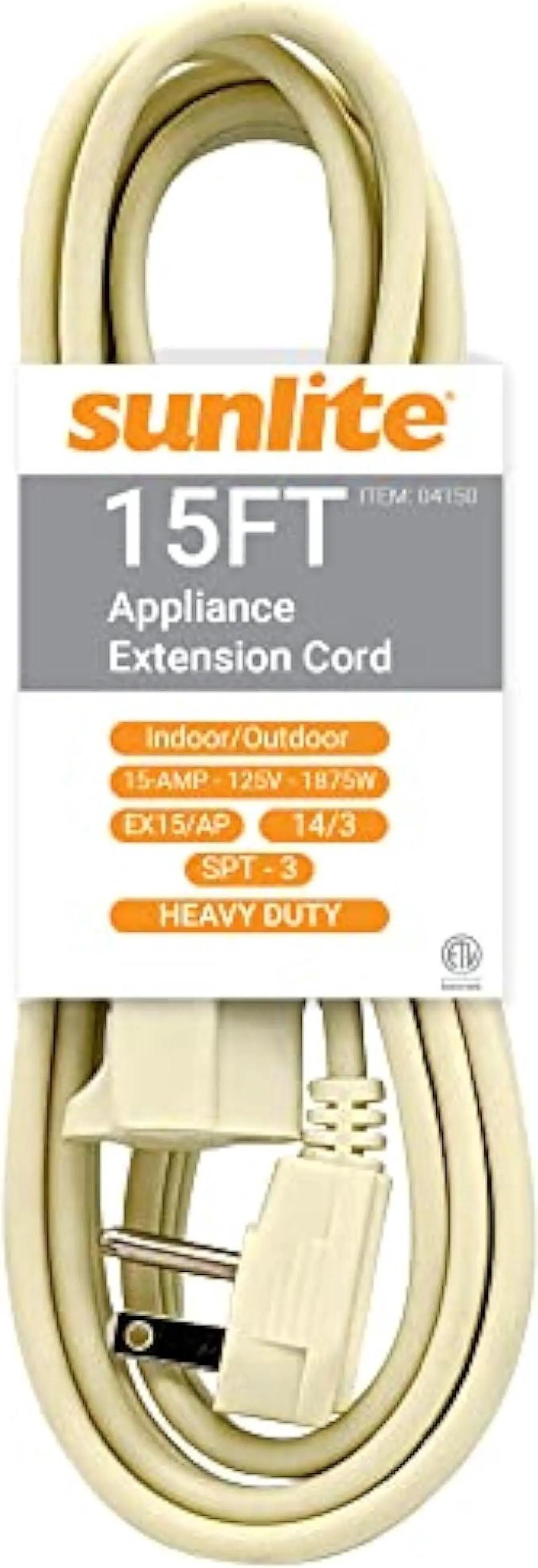 Main image of Sunlite 04165-SU EX15/AP Heavy Duty 15-Foot Appliance Extension Cord, Three Prong, 14/3 Gauge, 15 Amp, Beige
