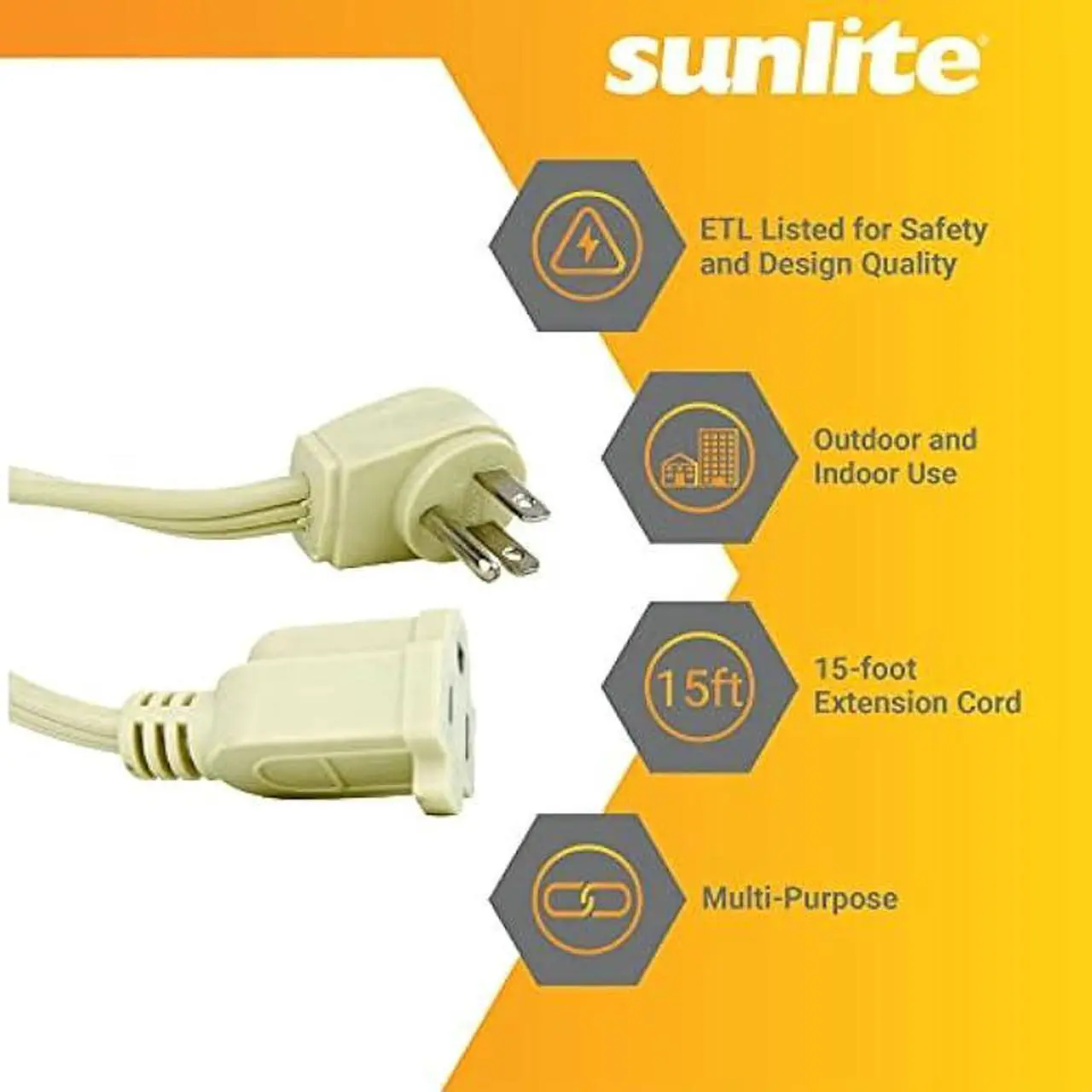 Alt view image 3 of 7 - Sunlite 04165-SU EX15/AP Heavy Duty 15-Foot Appliance Extension Cord, Three Prong, 14/3 Gauge, 15 Amp, Beige