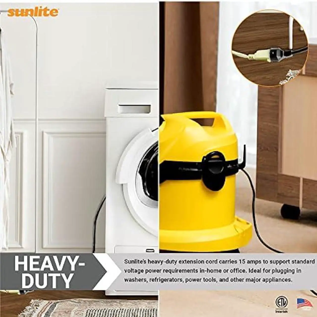 Alt view image 4 of 7 - Sunlite 04165-SU EX15/AP Heavy Duty 15-Foot Appliance Extension Cord, Three Prong, 14/3 Gauge, 15 Amp, Beige