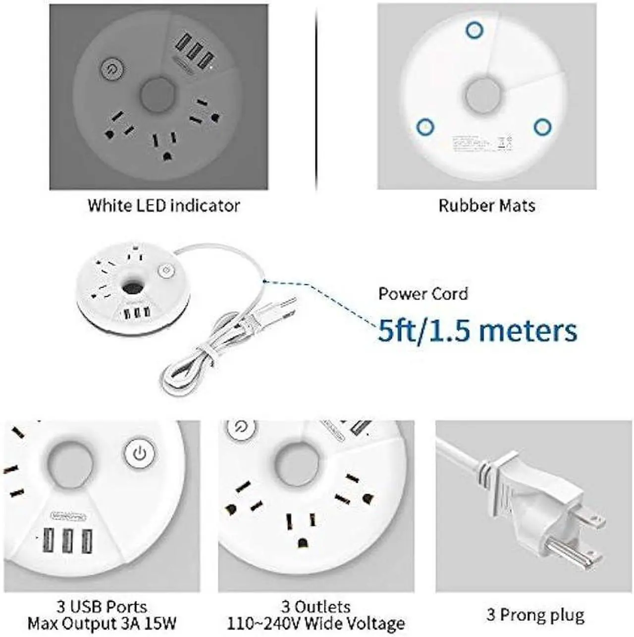 Alt view image 2 of 6 - Travel Power Strip with USB Ports, NTONPOWER Power Strip with 3 Outlet 3 USB, 5 ft Extension Cord with USB Ports, Desktop Charging Station for Indoor Home Office Dorm Room Cruise Essentials, White