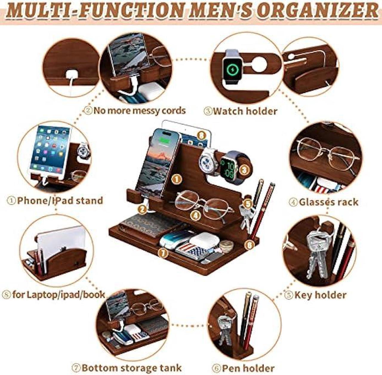 Alt view image 3 of 6 - Gifts for Men Wood Phone Docking Station for Men Nightstand Organizer Charging Station Cell Phone Stand Desk Organizer Bedside Organizer Dad Gifts for Husband Gifts for Brother Boyfriend Son