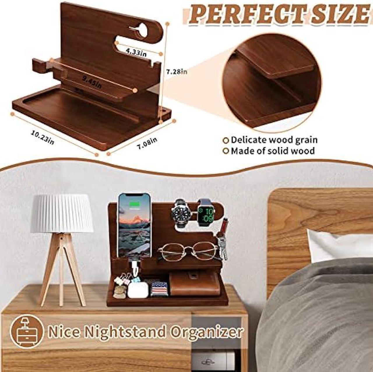 Alt view image 5 of 6 - Gifts for Men Wood Phone Docking Station for Men Nightstand Organizer Charging Station Cell Phone Stand Desk Organizer Bedside Organizer Dad Gifts for Husband Gifts for Brother Boyfriend Son