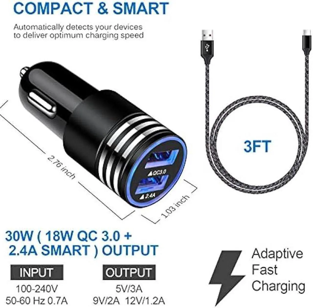 Alt view image 3 of 7 - Car Charger Type C Fast Charger for Samsung Galaxy S23/S22/S22 Plus/S22 Ultra/S21 S20 FE Z Flip 4/3 A53 A03S A13 A02S A12 A32 A52 A50 A71 S10 S9 S8,Quick Charge 3.0 Rapid Car Adapter+3ft USB C Cable