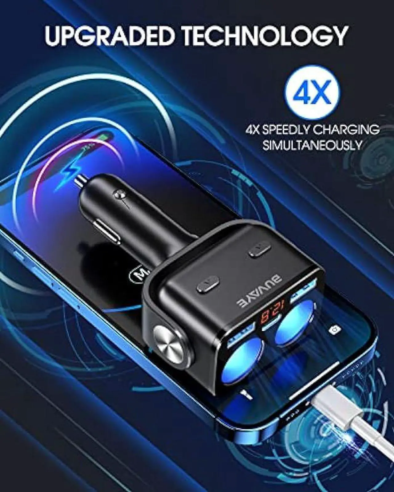 Alt view image 2 of 6 - USB C Car Charger, BUVAYE 2-Socket Cigarette Lighter Splitter with 12V/24V Dual PD30W & QC3.0 Fast Charging, Cigarette Lighter Adapter Separate Switch LED Voltage Display for Phone, GPS, Dash Cam