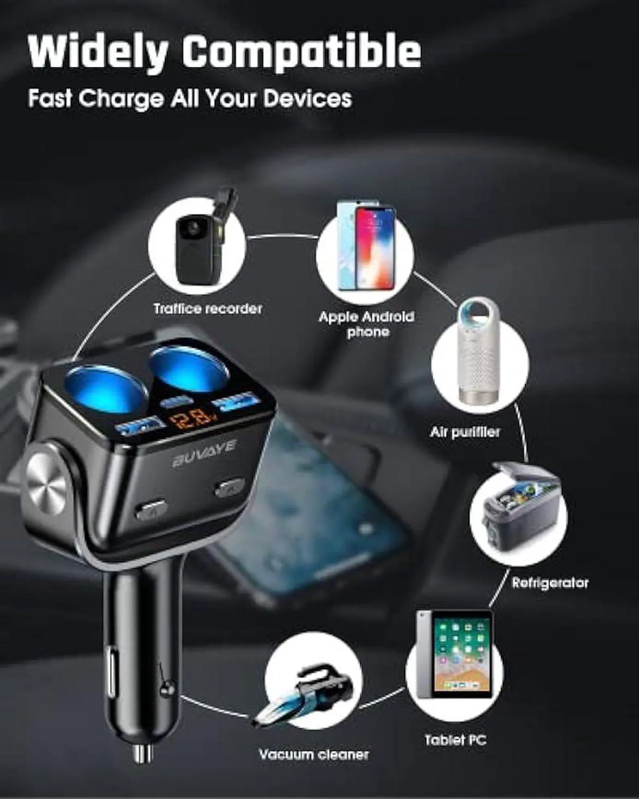 Alt view image 4 of 6 - USB C Car Charger, BUVAYE 2-Socket Cigarette Lighter Splitter with 12V/24V Dual PD30W & QC3.0 Fast Charging, Cigarette Lighter Adapter Separate Switch LED Voltage Display for Phone, GPS, Dash Cam