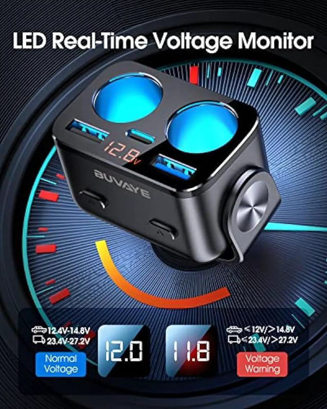 Alt view image 3 of 6 - USB C Car Charger, BUVAYE 2-Socket Cigarette Lighter Splitter with 12V/24V Dual PD30W & QC3.0 Fast Charging, Cigarette Lighter Adapter Separate Switch LED Voltage Display for Phone, GPS, Dash Cam