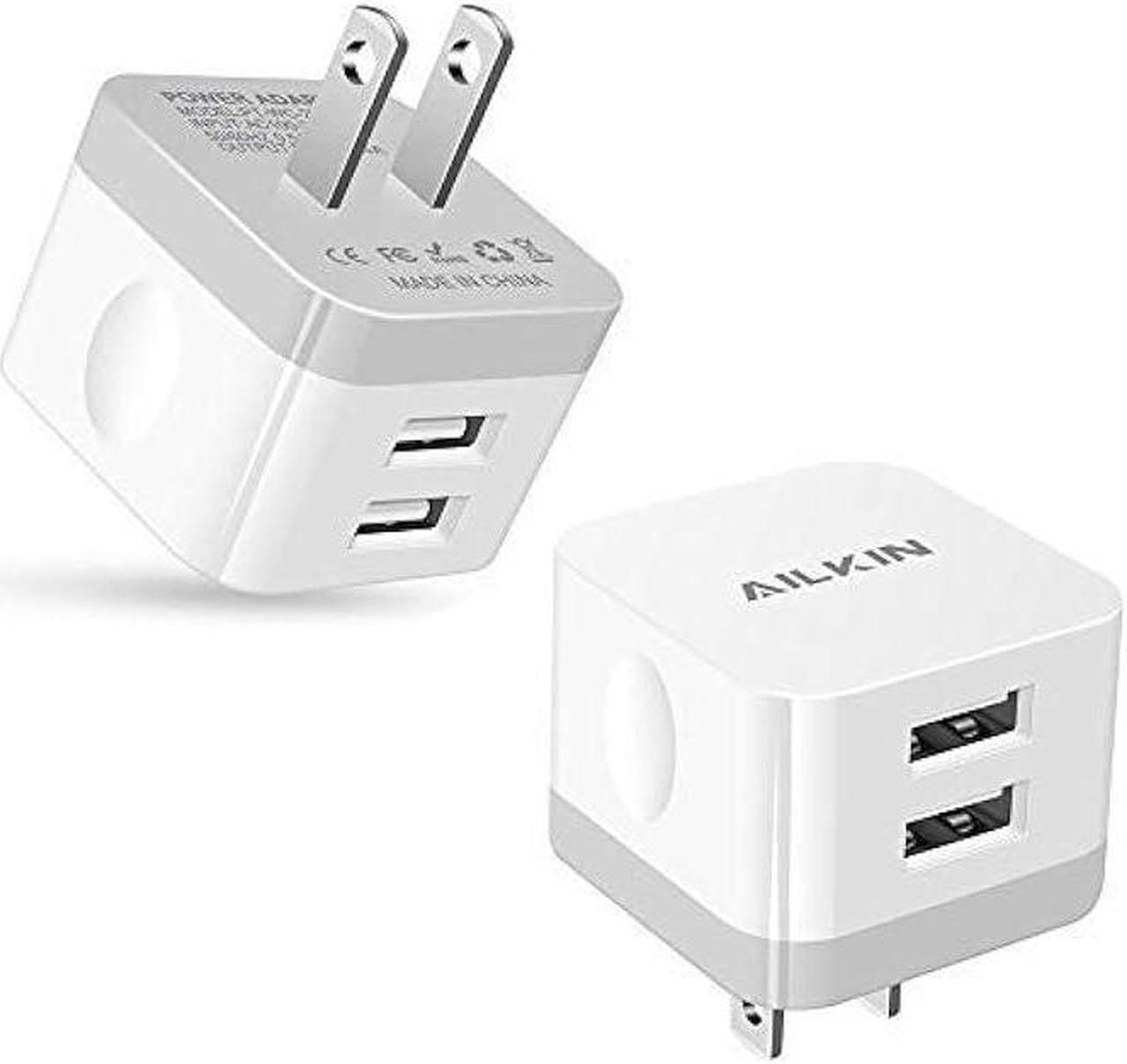Main image of 2Pack USB Wall Charger Plug, AILKIN 2.4A Dual Port USB Adapter Power Cube Fast Charging Station Box Base for iPhone 15 14 13 12 Pro Max SE 11 XR XS X/8, Samsung, Phones USB Charge Block-White Brick