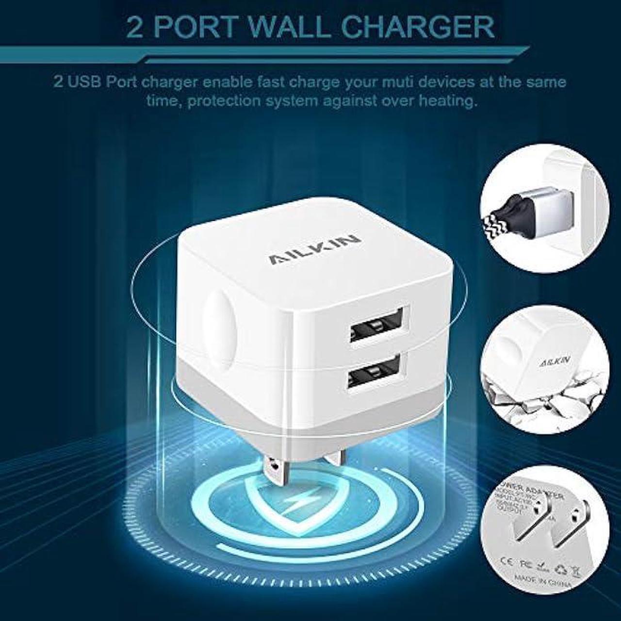 Alt view image 5 of 7 - 2Pack USB Wall Charger Plug, AILKIN 2.4A Dual Port USB Adapter Power Cube Fast Charging Station Box Base for iPhone 15 14 13 12 Pro Max SE 11 XR XS X/8, Samsung, Phones USB Charge Block-White Brick