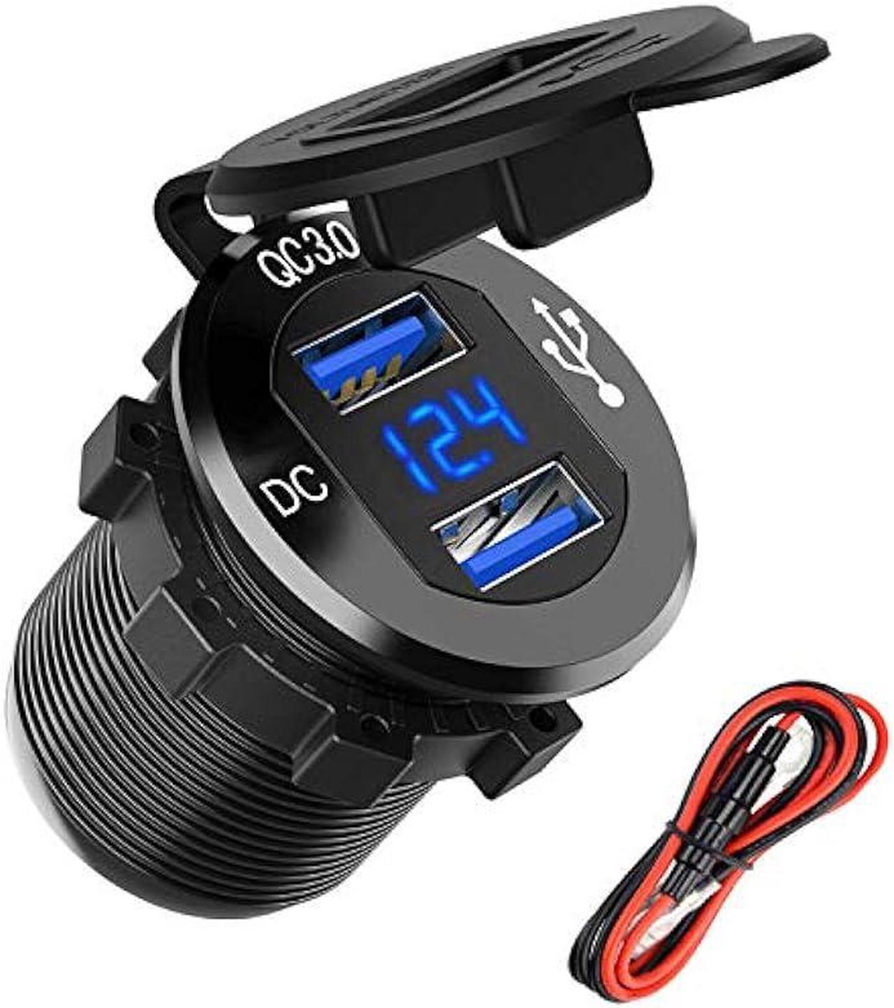 12V USB Outlet, Ollcuz 12V/24V 36W Aluminum Waterproof Dual QC3.0 USB Fast Charger Socket Power Outlet Adapter w/LED Digital Voltmeter for Car, Marine, Boat, Motorcycle, Truck, Golf Cart, etc