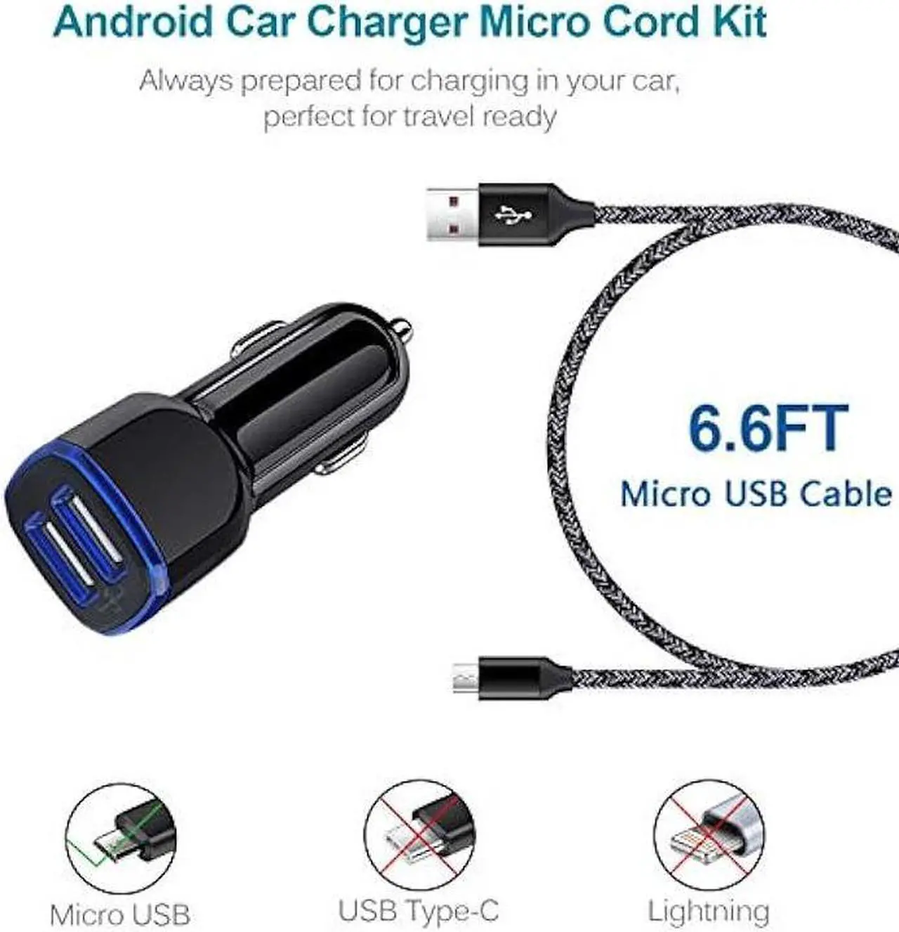 Alt view image 2 of 6 - Car Charger Android for Samsung Galaxy J7 Crown/Prime/Pro/Sky Pro/Refine/Neo/Luna/Eclipse,J7 V 2nd/Perx/Star,J6 Plus J5 J4 J3 S7 Edge S6 S5 S4 S3 Note 4/5,6ft Phone Cord Fast Charging Micro USB Cable