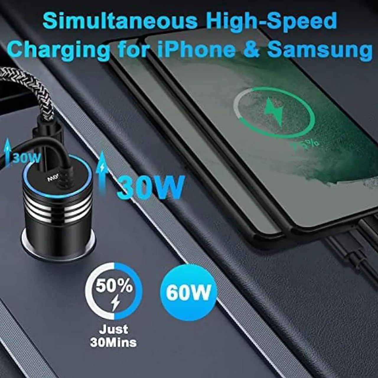 Alt view image 2 of 7 - Android USB C Samsung Super Fast Car Charger for Samsung Galaxy S23 Ultra/S23/A05S/A05/A14 5G/A54/S22/S21 fe/S20/A53 5G/A13/A03S/A32, 60W Fast Car Adapter with 30W Built-in Type C Fast Charging Cable
