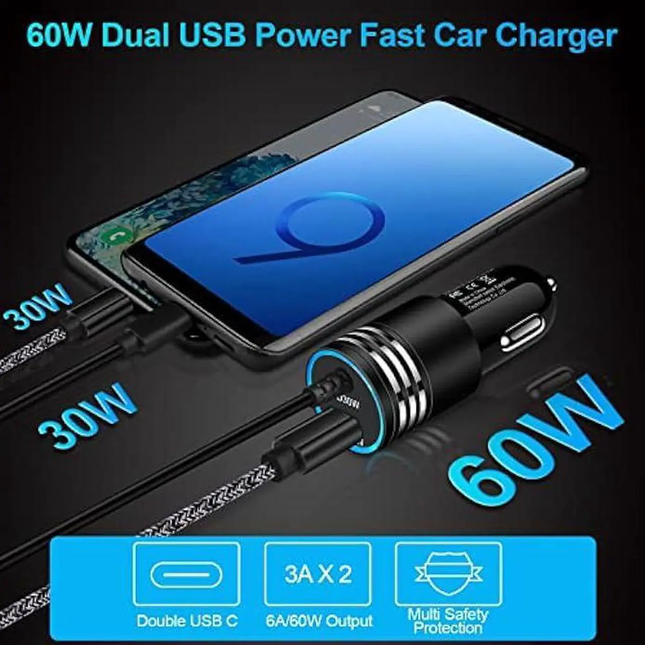 Alt view image 3 of 7 - Android USB C Samsung Super Fast Car Charger for Samsung Galaxy S23 Ultra/S23/A05S/A05/A14 5G/A54/S22/S21 fe/S20/A53 5G/A13/A03S/A32, 60W Fast Car Adapter with 30W Built-in Type C Fast Charging Cable