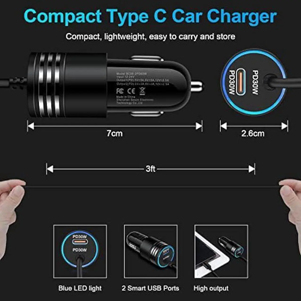 Alt view image 5 of 7 - Android USB C Samsung Super Fast Car Charger for Samsung Galaxy S23 Ultra/S23/A05S/A05/A14 5G/A54/S22/S21 fe/S20/A53 5G/A13/A03S/A32, 60W Fast Car Adapter with 30W Built-in Type C Fast Charging Cable