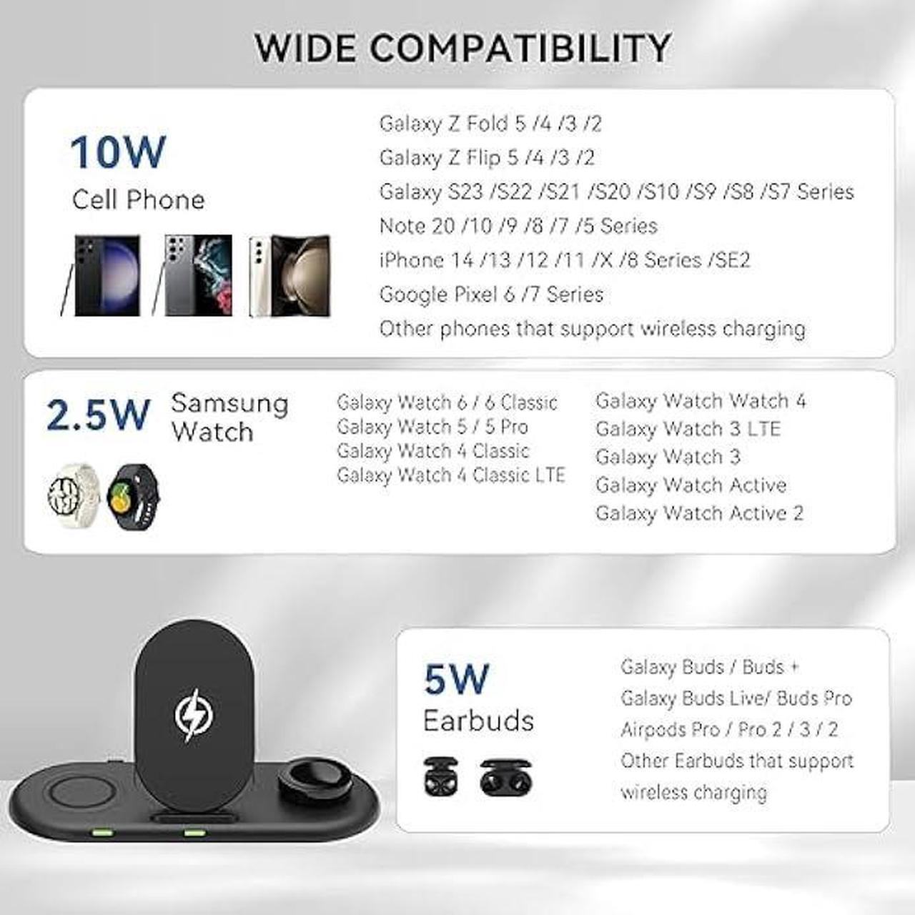 Alt view image 3 of 7 - Wireless Charging Station 3 in 1, Fast Wireless Charger for Samsung Galaxy Watch 4, Active 2 Series and Galaxy Buds Series, Phone Charger Stand Dock Compatible with Samsung Galaxy S22 S20 Note(Black)