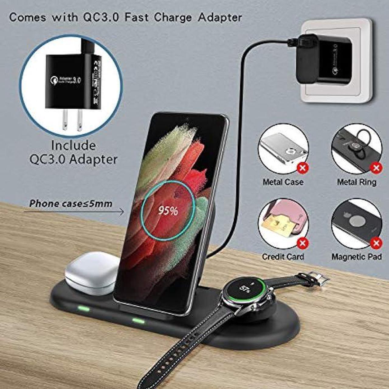 Alt view image 4 of 7 - Wireless Charging Station 3 in 1, Fast Wireless Charger for Samsung Galaxy Watch 4, Active 2 Series and Galaxy Buds Series, Phone Charger Stand Dock Compatible with Samsung Galaxy S22 S20 Note(Black)
