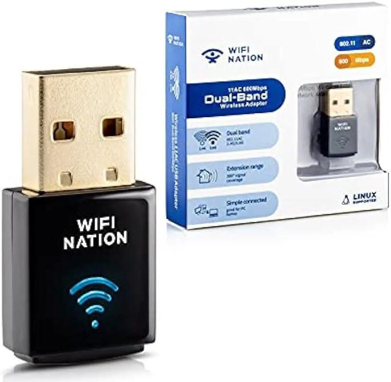 Main image of WiFi Nation® WiFi Dongle Mini 802.11ac AC600 USB WiFi Adapter, chipset: Realtek RTL8811AU, Dual Band 2.4GHz or 5GHz, Windows, MacOS and Linux Supported, Product Model: WN-H2