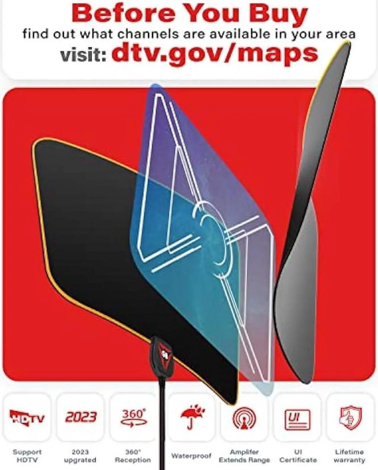 Alt view image 2 of 6 - 2023 Gesobyte Amplified HD Digital TV Antenna Long 250+ Miles Range - Support 4K 8K 1080p Fire tv Stick and All Older TV's - Indoor Smart Switch Signal Booster - 18ft HDTV Cable/AC Adapter