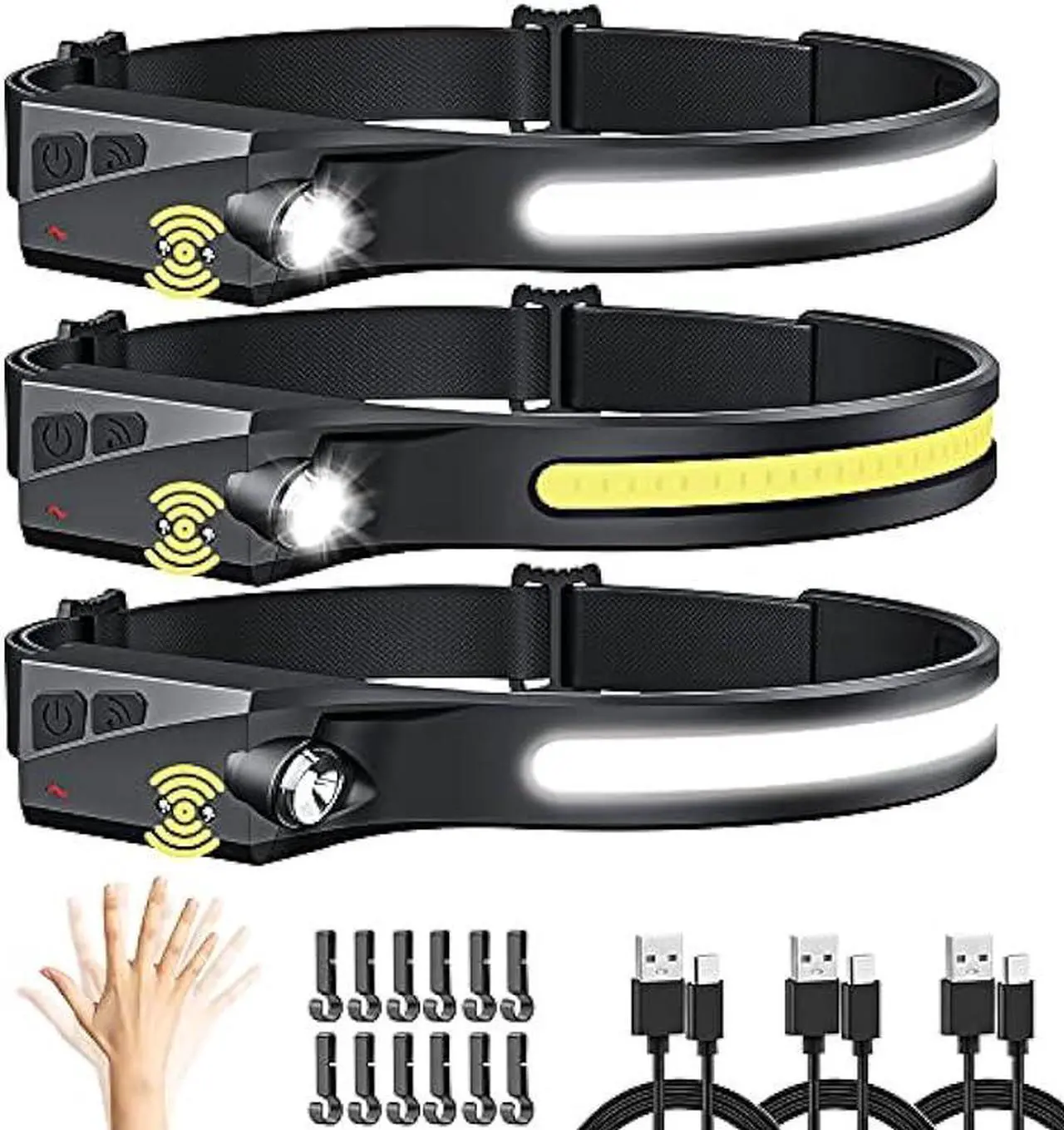 Main image of UUYEE Headlamp Rechargeable 3Pack, LED Headlamp Flashlight with Motion Sensor, 230° COB Wide Beam Head Lamp, 5Mode Head Lights for Forehead Waterproof, Bright Headlamps for Adults Running Camping