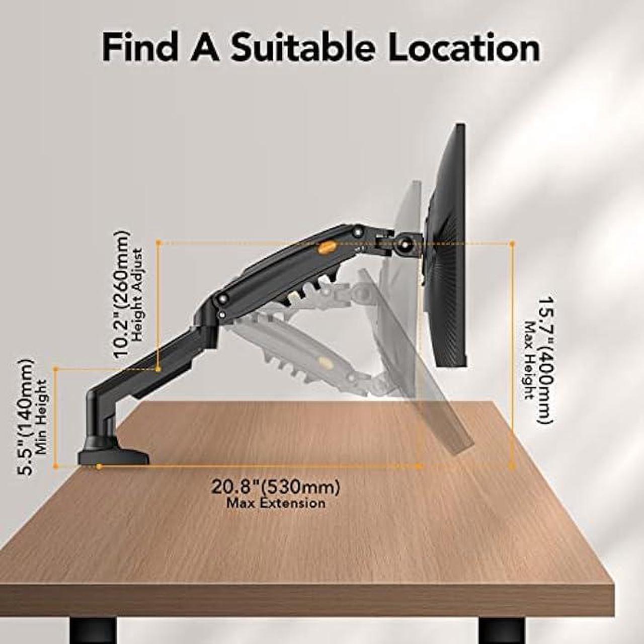 Alt view image 5 of 5 - KOORUI Single Monitor Mount, Vertical, Swivel, Adjustable Gas Spring Monitor Arm Fits 17-32inch, 4.4-19.8lbs Monitor, Monitor Stand for Desk with Clamp/Grommet Mounting Base