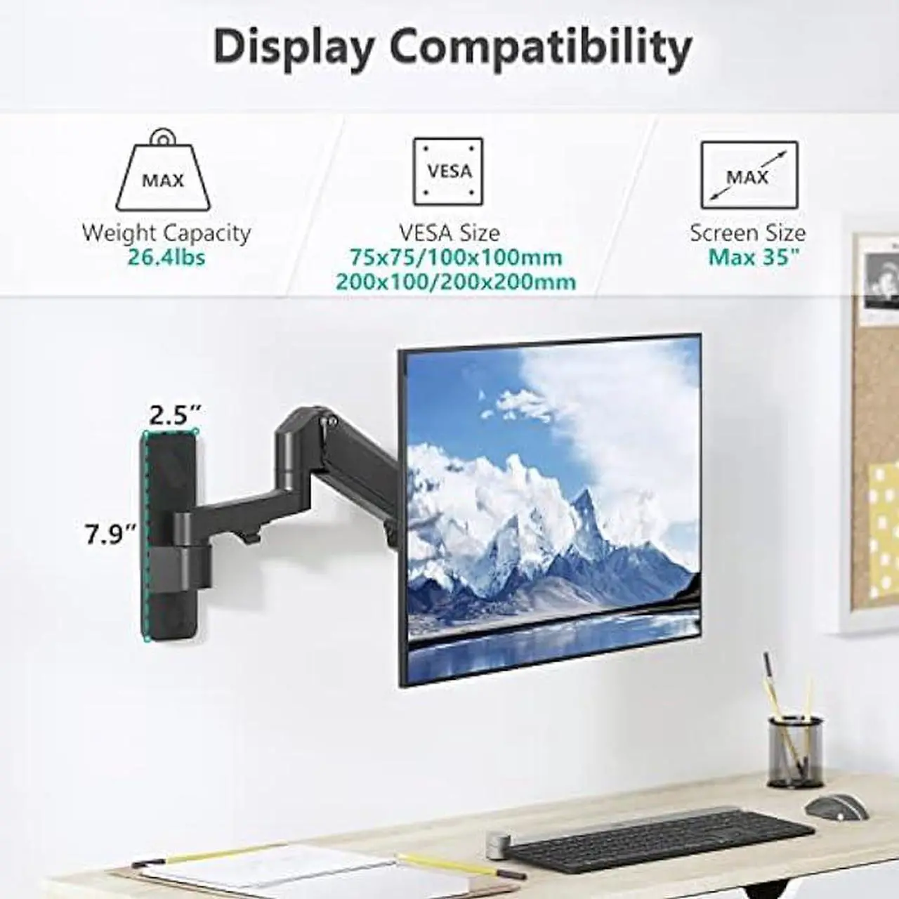 Alt view image 3 of 6 - WALI Single Monitor Wall Mount, Computer Wall Mount Monitor Arm Holds up to 26.4lbs, Heavy Duty Gas Spring Single Monitor Arm Screen up to 35 inch, Fully Adjustable Monitor Stand (GSWM001XL), Black