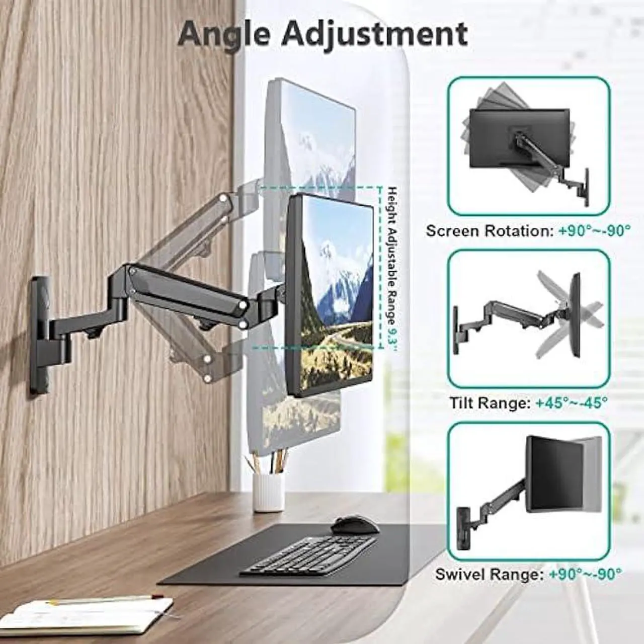 Alt view image 4 of 6 - WALI Single Monitor Wall Mount, Computer Wall Mount Monitor Arm Holds up to 26.4lbs, Heavy Duty Gas Spring Single Monitor Arm Screen up to 35 inch, Fully Adjustable Monitor Stand (GSWM001XL), Black
