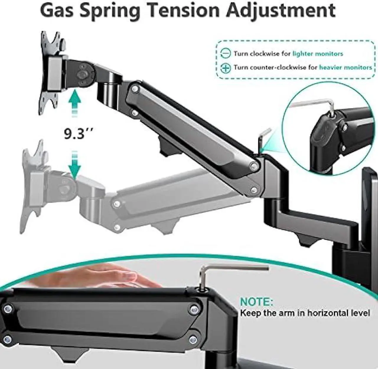 Alt view image 6 of 6 - WALI Single Monitor Wall Mount, Computer Wall Mount Monitor Arm Holds up to 26.4lbs, Heavy Duty Gas Spring Single Monitor Arm Screen up to 35 inch, Fully Adjustable Monitor Stand (GSWM001XL), Black