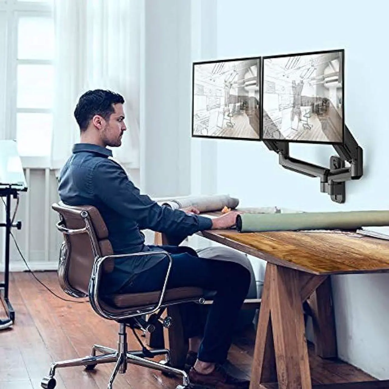 Alt view image 2 of 5 - HUANUO Dual Monitor Wall Mount for 17 to 32 Inch Computer Screen, Wall Mount Monitor Arm for 2 Monitors, Each Holds Up to 17.6lbs, Gas Spring VESA Wall Mount, Wall Monitor Stand with 75x75/100x100