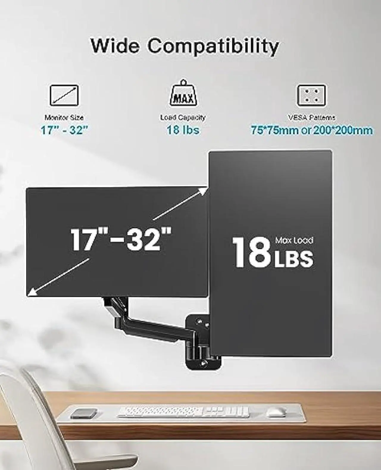 Alt view image 4 of 5 - HUANUO Dual Monitor Wall Mount for 17 to 32 Inch Computer Screen, Wall Mount Monitor Arm for 2 Monitors, Each Holds Up to 17.6lbs, Gas Spring VESA Wall Mount, Wall Monitor Stand with 75x75/100x100