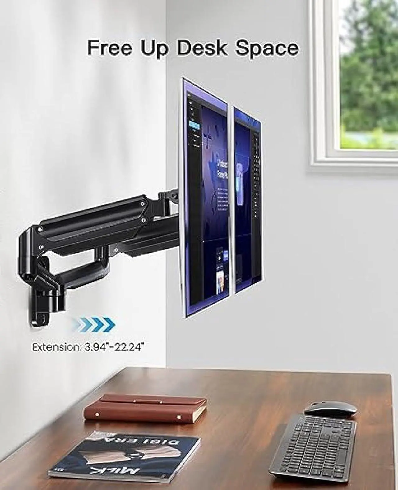 Alt view image 3 of 5 - HUANUO Dual Monitor Wall Mount for 17 to 32 Inch Computer Screen, Wall Mount Monitor Arm for 2 Monitors, Each Holds Up to 17.6lbs, Gas Spring VESA Wall Mount, Wall Monitor Stand with 75x75/100x100