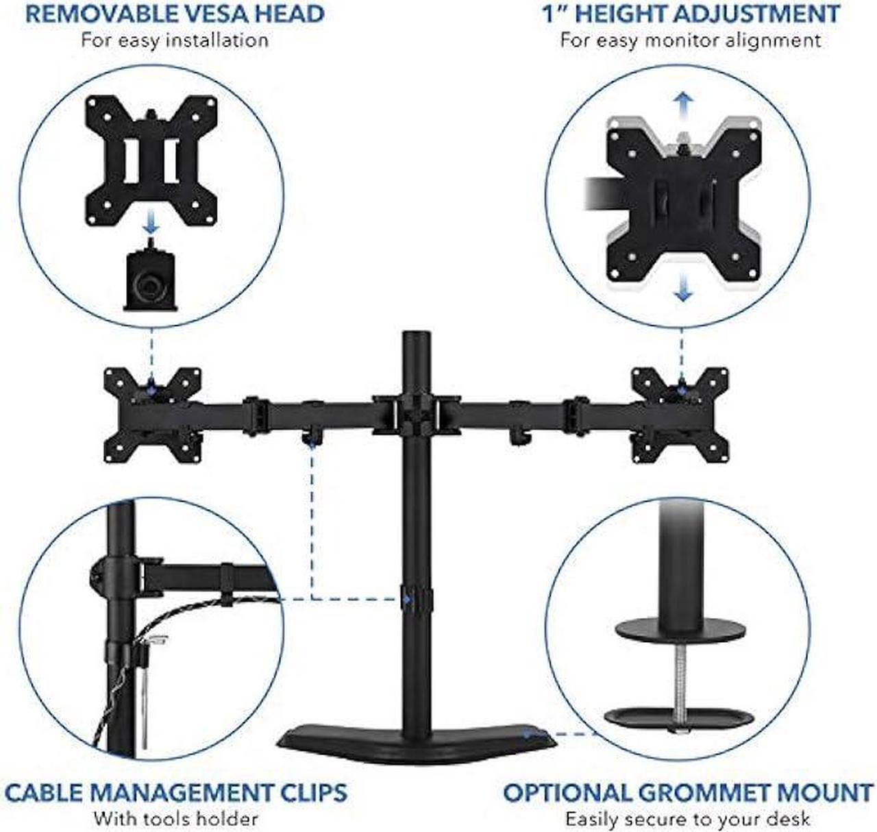 Alt view image 3 of 6 - Mount-It! Dual Monitor Stand | 2 Monitor Mount Fits 19 20 21.5 24 27 29 32 Inch Computer Screens | Free Standing and Grommet Bases | Two Heavy Duty Tilt Swivel Height Adjustable Arms | VESA Compatible