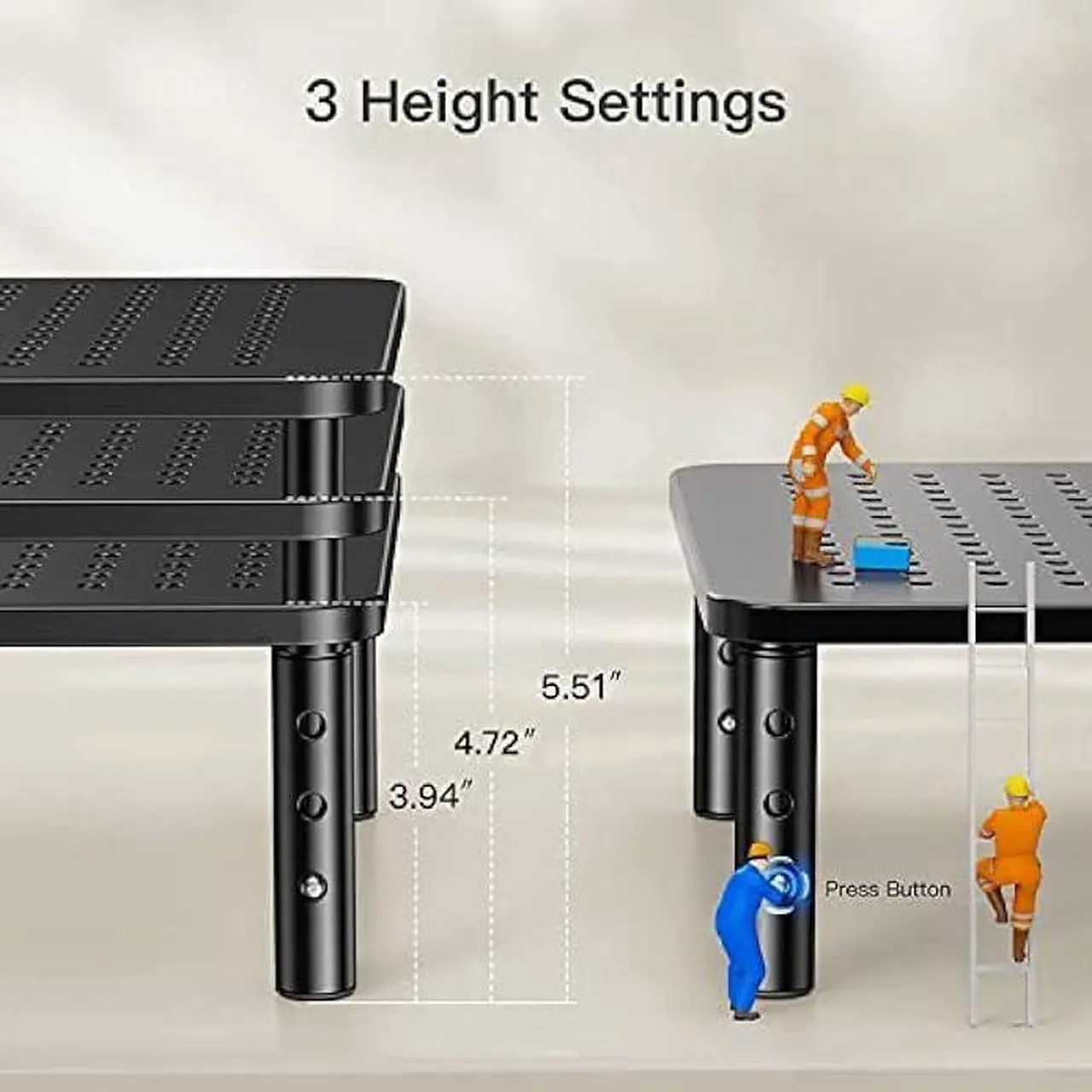 Alt view image 3 of 6 - Monitor Stand, Monitor Stand Riser 3 Height Adjustable, Monitor Riser with Airflow Vents, Laptop Stand for Desk, Laptop Riser, Desk Organizer for Monitor, 15.6 Laptop, PC, Printer