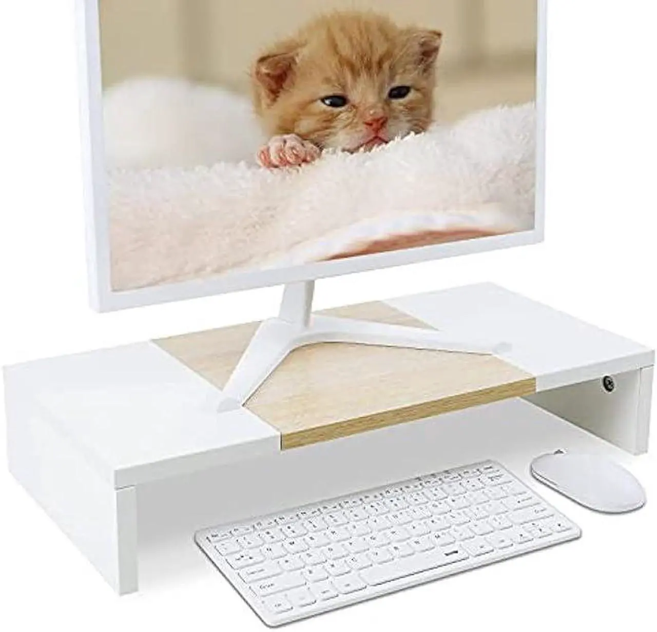 Alt view image 6 of 6 - TEAMIX 20 inch Monitor Riser, Wood Monitor Stand for Desk, Sturdy TV/Screen/PC/Printer/Laptop Riser,Computer Shelf with Storage TV Holder for Home Office (White+Maple, 20 inch)