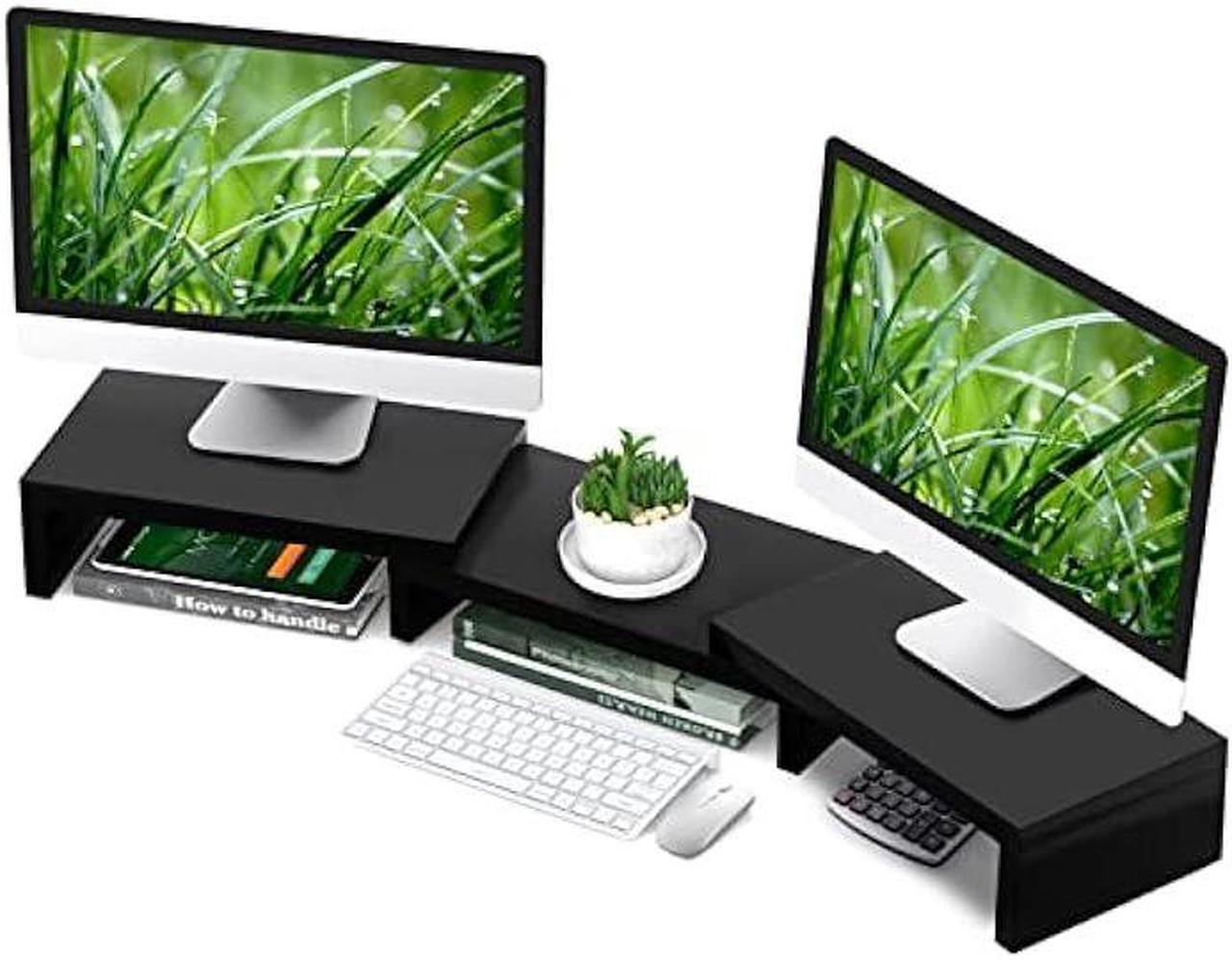 Main image of Dual Monitor Stand Riser Office Desktop Organizer Stands for 2 Monitors Length and Angle Adjustable 3 Shelf, Extra Long Multifunctional Stand fit Computer, Laptop, PC, TV, Max 48.2 Length, Black