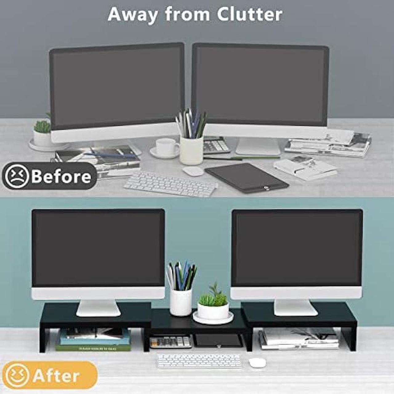 Alt view image 2 of 6 - Dual Monitor Stand Riser Office Desktop Organizer Stands for 2 Monitors Length and Angle Adjustable 3 Shelf, Extra Long Multifunctional Stand fit Computer, Laptop, PC, TV, Max 48.2 Length, Black
