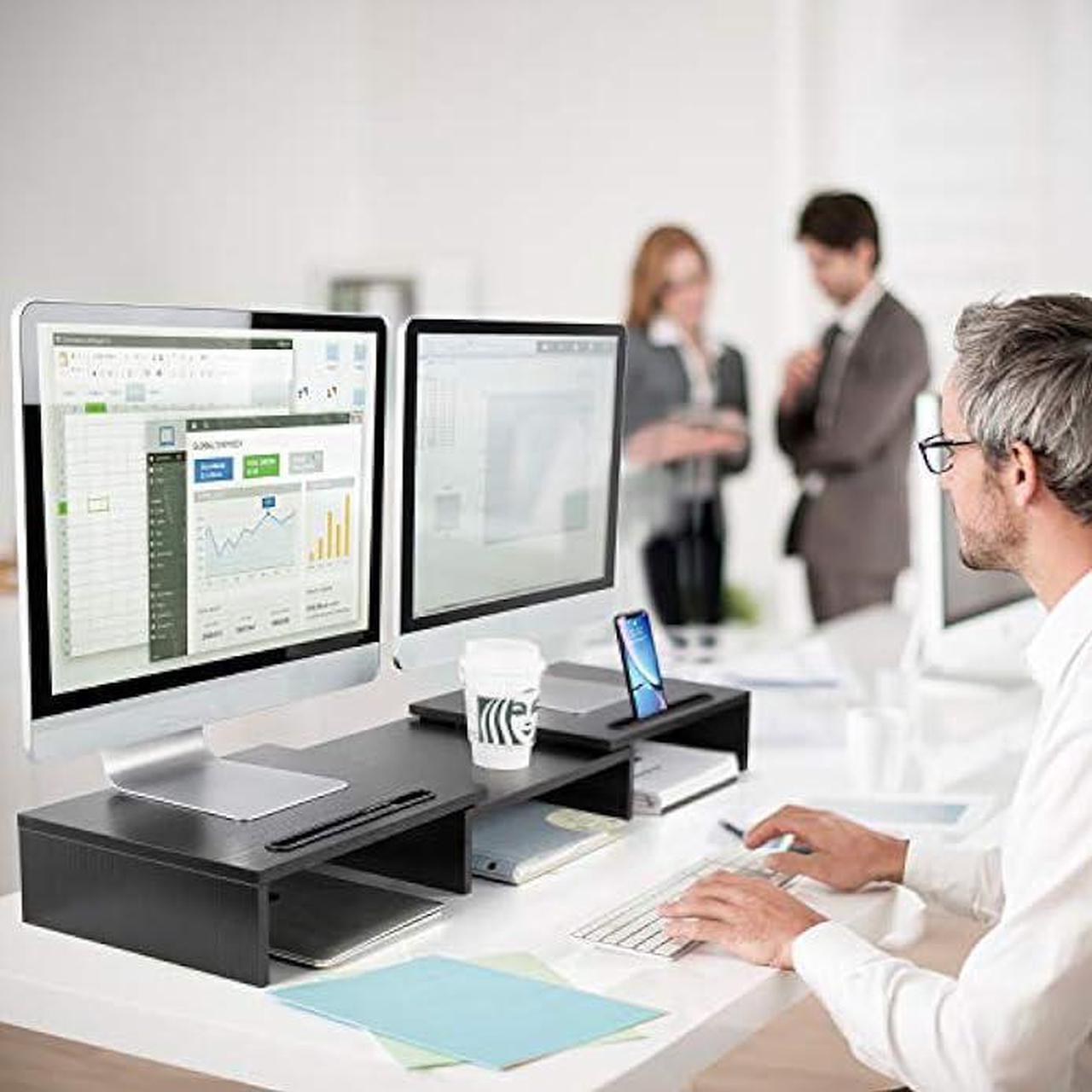 Alt view image 6 of 6 - AMERIERGO Dual Monitor Stand Riser for 2 Monitors, Monitor Stand for Desk, Adjustable Computer Monitor Stand with 2 Slot, Multifunctional Desktop Organizer Stand for Laptop, PC, Computer, Printer