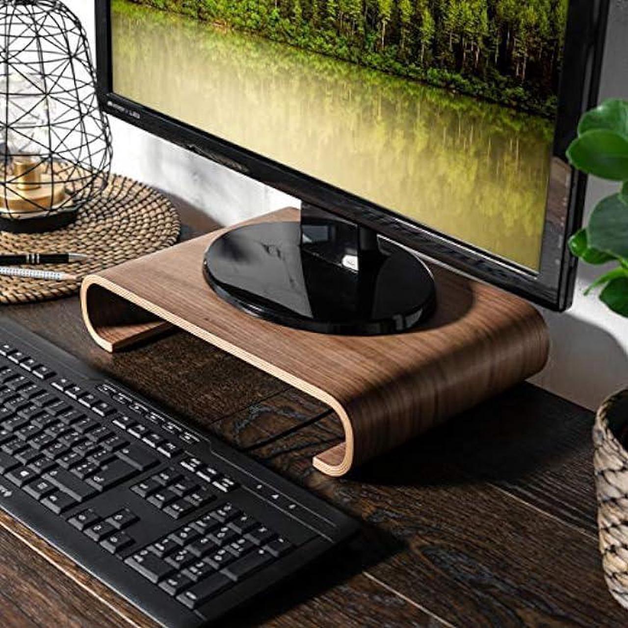 Alt view image 2 of 5 - Navaris Wood Monitor Stand Riser - Computer Desk Organizer Desktop Dock Wooden Mount Display for PC TV Screen Notebook Laptop - Walnut